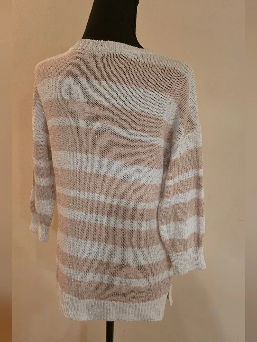 Saks Sparkley Ladies Striped Crewneck Sweater in Tan & White (Med) Viscose Blend
